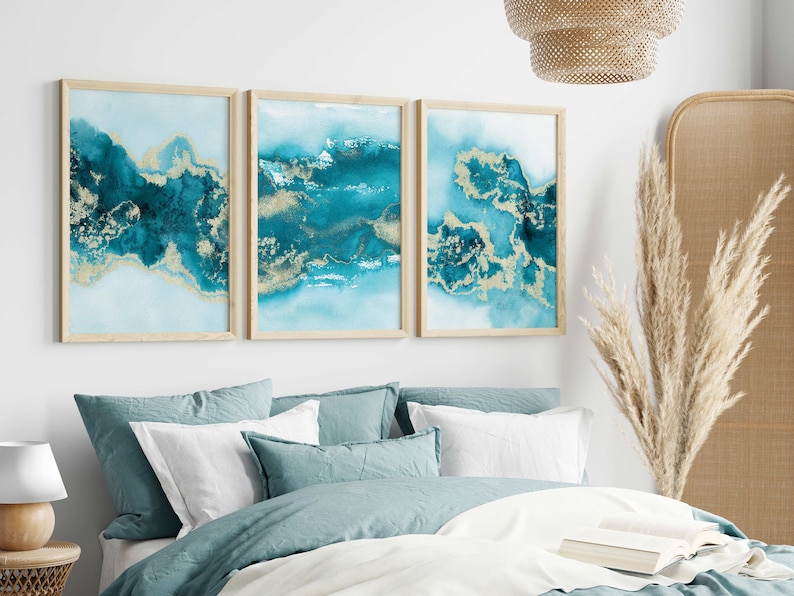 Teal Wall Art Set of 3 Turquoise Wall Art Aqua Blue Green Etsy