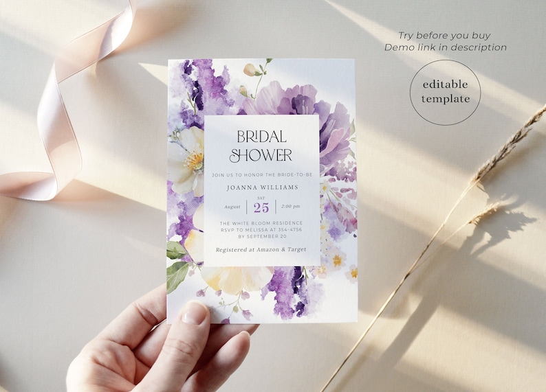 Purple Bridal Shower Invitation Template, Spring Floral Bridal Shower Invitations Digital, Violet Lilac Bridal Shower Invitation Download image 1