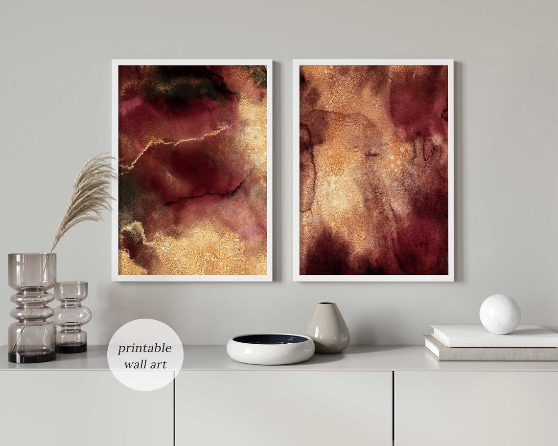 Burgundy Wall Art Set of 2 Burgundy Gold Wall Art Printable - Etsy