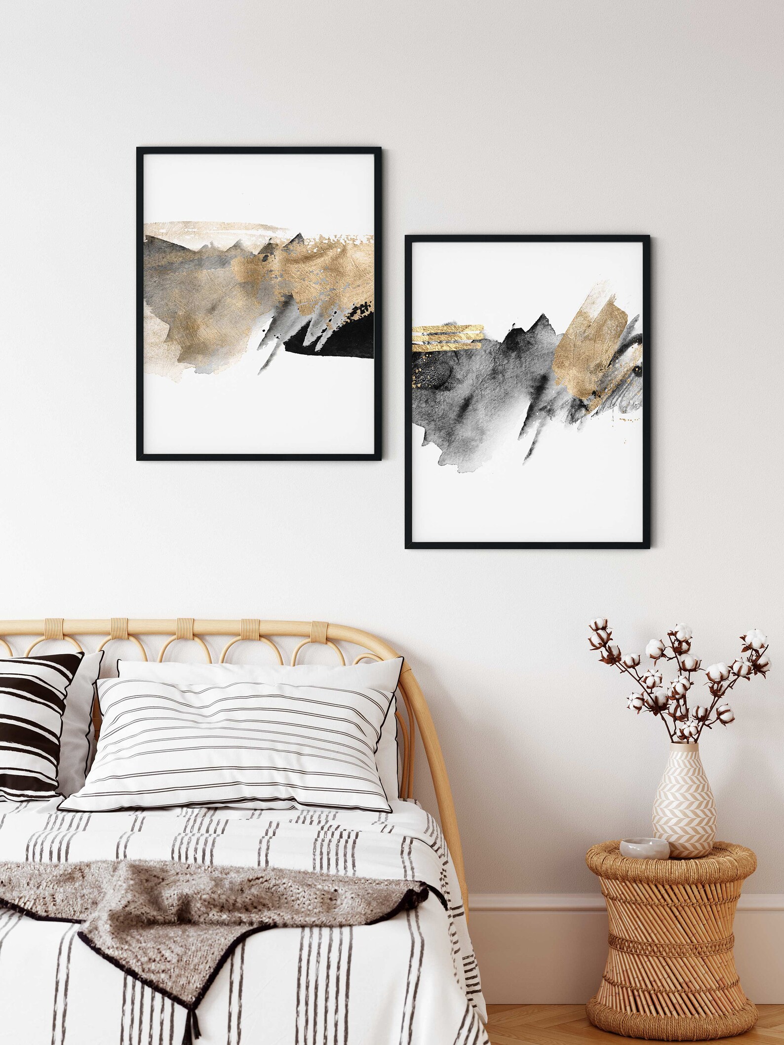 Black and Gold Wall Art Set of 2 Modern Abstract Wall Art Etsy