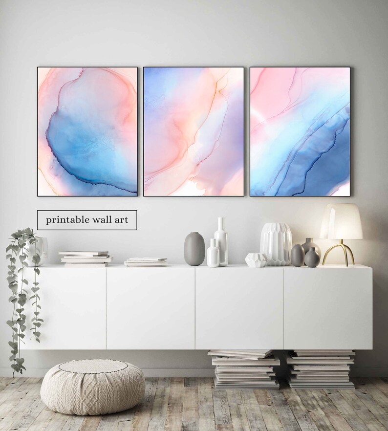 Blue and Pink Wall Art Set of 3 Modern Abstract Wall Art Set Etsy