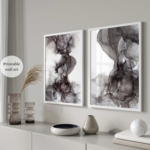 Abstract Gray Wall Art Set of 2 Modern Gray Wall Art Set Etsy
