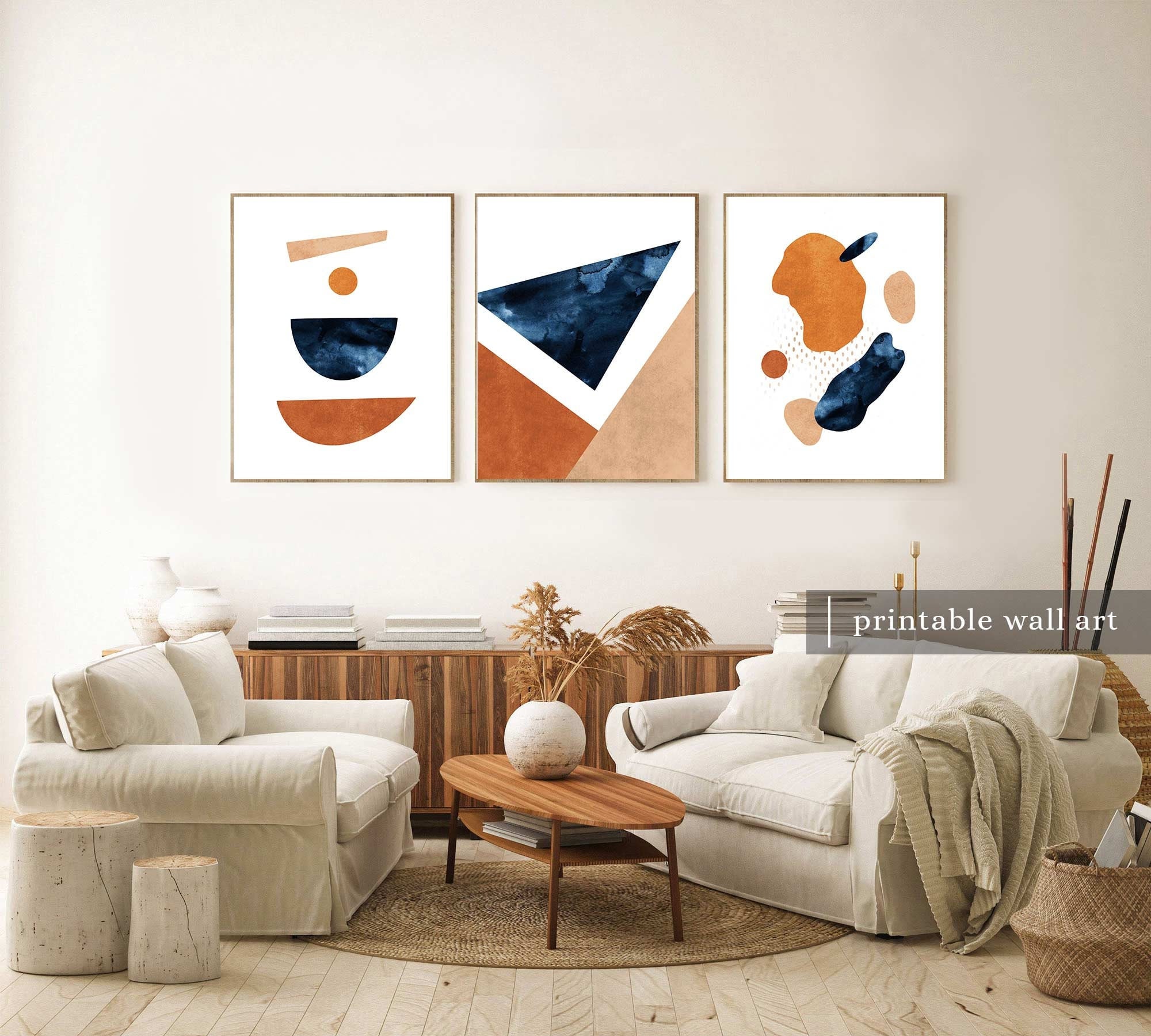 Blue Orange Wall Art Set Navy Burnt Orange Wall Art Set of 3 Etsy