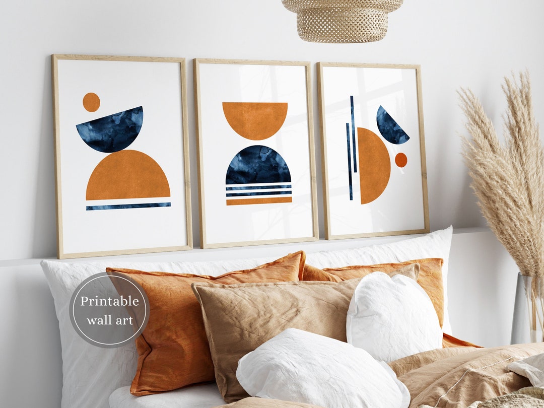 Blue Orange Wall Art Set, Navy Burnt Orange Wall Art Set of 3, Abstract