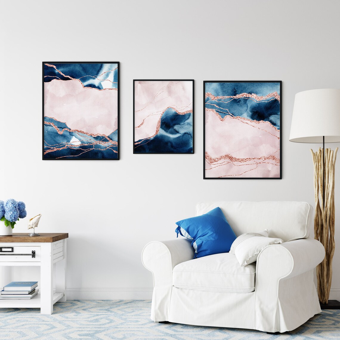 Navy Pink Wall Art Set of 3 Blue Blush Pink Wall Art Modern | Etsy