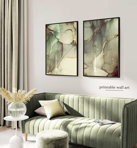 Green Gold Wall Art Abstract Green and Gold Prints Modern Etsy