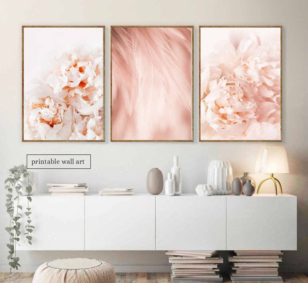 Blush Pink Wall Art Set of 3, Pink Floral Wall Art Set of 3, Peony Wall ...