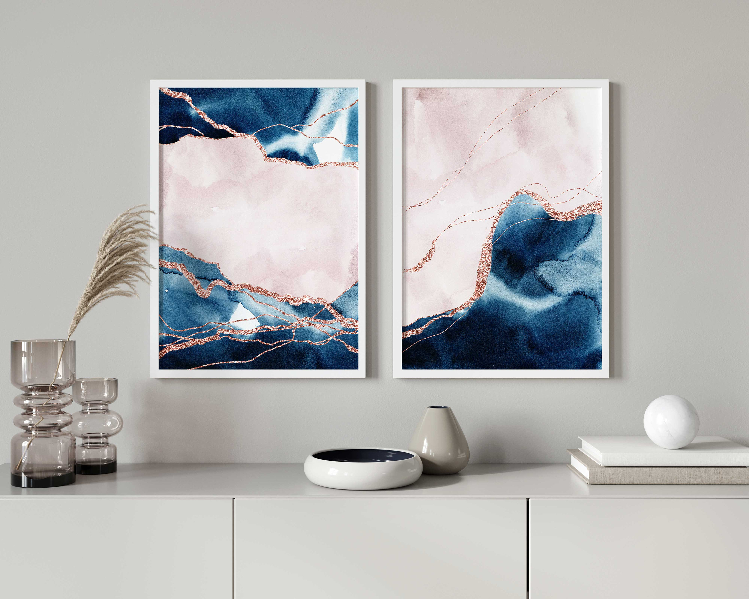 Navy Pink Wall Art Set of 3, Blue Blush Pink Wall Art, Modern Bedroom ...