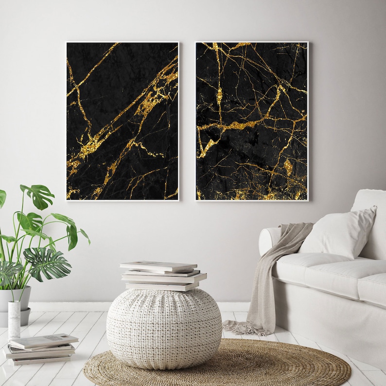Black and Gold Wall Art Set of 2 Modern Abstract Wall Art Etsy