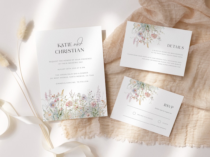 Garden Wedding Invitation Suite, Wildflower Wedding Invitation Template, Wild Flowers Wedding Invitation Download, Rustic Floral Wedding image 2