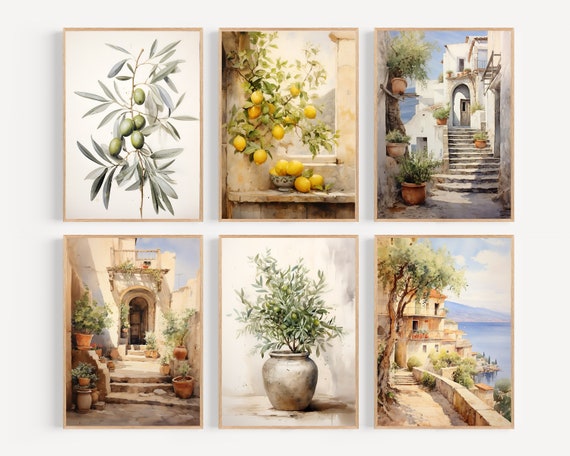 Vintage Mediterranean Wall Art Set, Greece Wall Art, Lemon Olive Mediterranean Prints, Italy Wall Art, Mediterranean Decor Digital Download