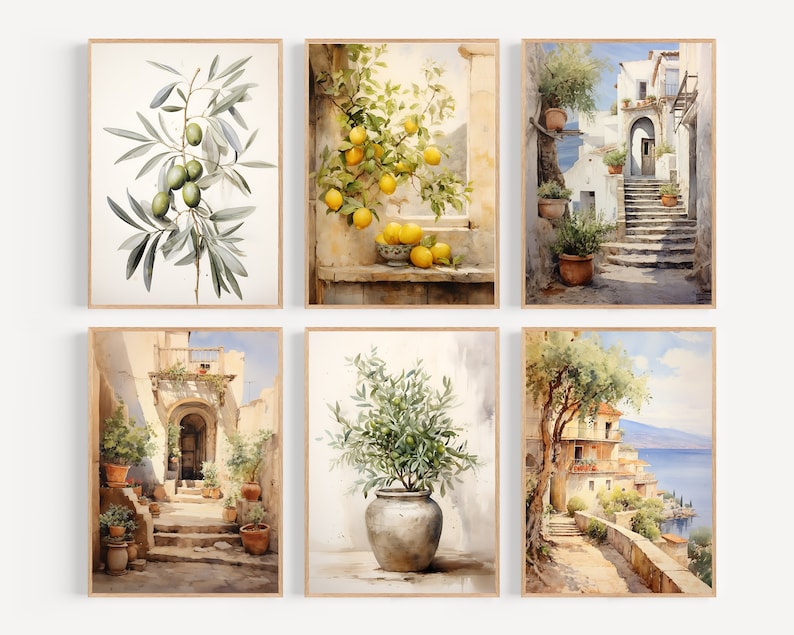 Peut inclure: Ensemble de six aquarelles repr&eacute;sentant des sc&egrave;nes d'architecture italienne, notamment un citronnier, des branches d'olivier et une vue sur l'oc&eacute;an.