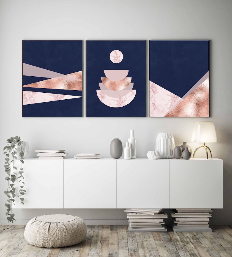 Navy Rose Gold Wall Art Set of 3 Blue Pink Wall Art Rose Etsy Australia