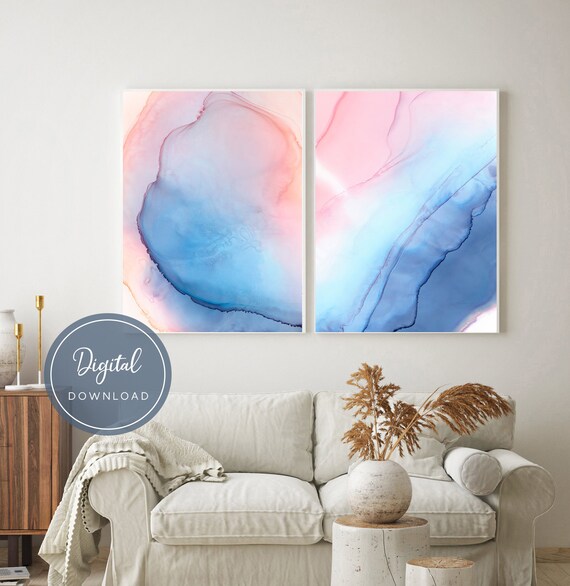 Blue Pink Wall Art Set of 2 Modern Abstract Wall Art Set of Etsy