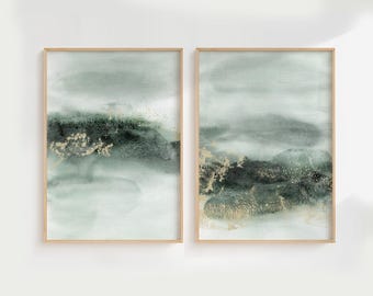 Green Wall Art Set of 2, Sage Green Wall Art, Green Wall Art Printable, Abstract Green Prints, Abstract Watercolor Art. Sage Green Prints