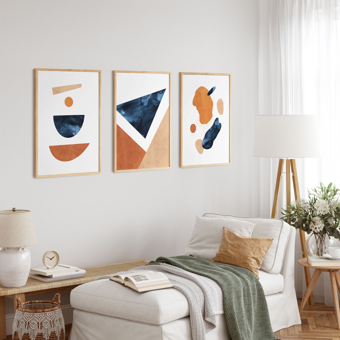 Blue Orange Wall Art Set Navy Burnt Orange Wall Art Set of 3 Etsy
