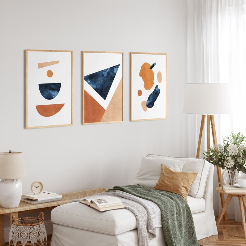 Blue Orange Wall Art Set Navy Burnt Orange Wall Art Set of 3 Etsy