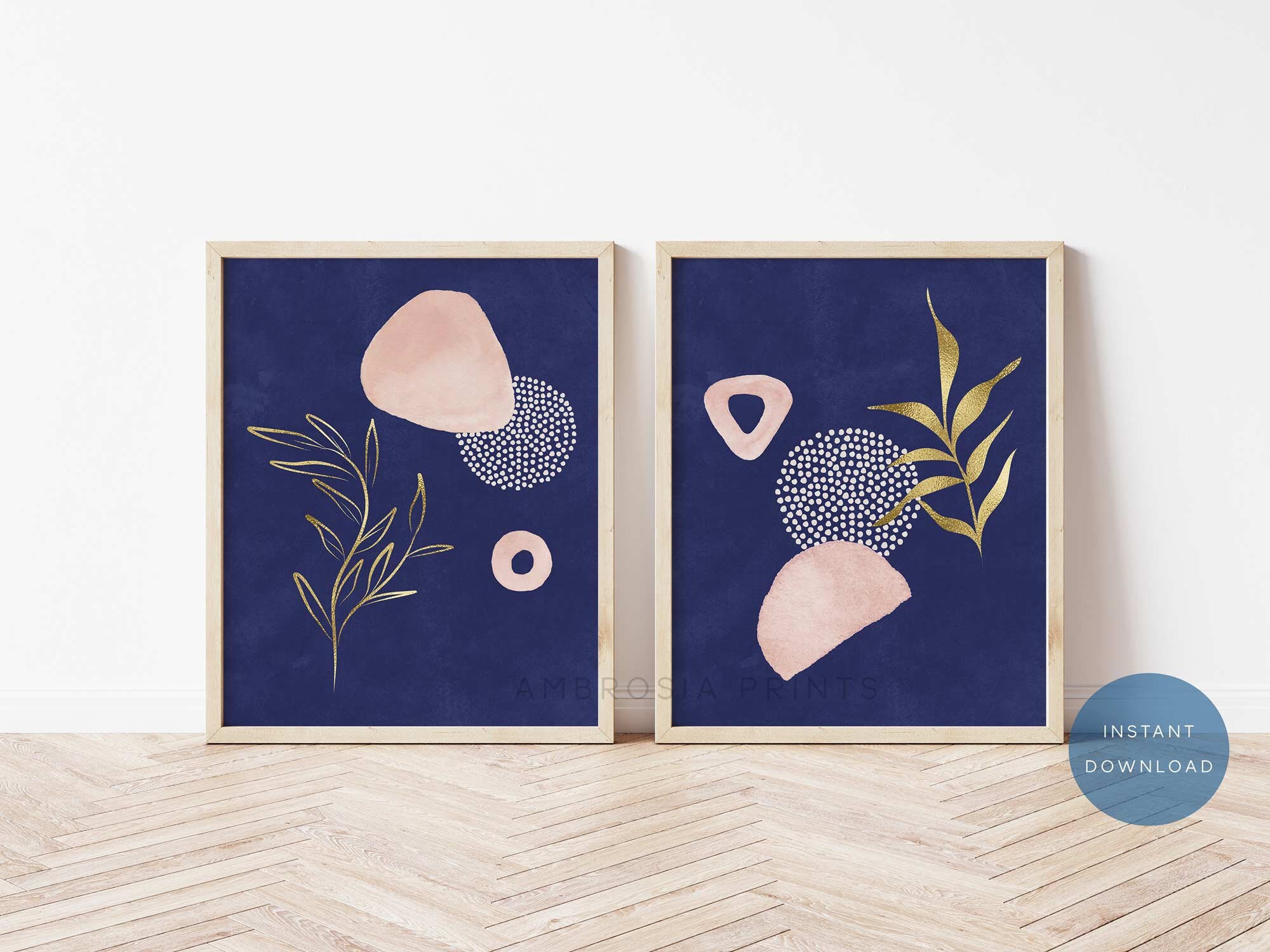 Navy Pink Wall Art Set of 2 Blue Pink Gold Wall Art Modern Etsy