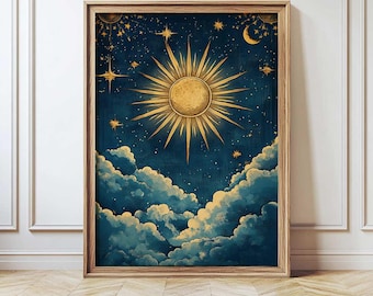 Celestial Prints, Boho Sun Art, Vintage Celestial Wall Art, Celestial Decor, Dark Academia Art, Sun Moon Wall Decor, Esoteric Art