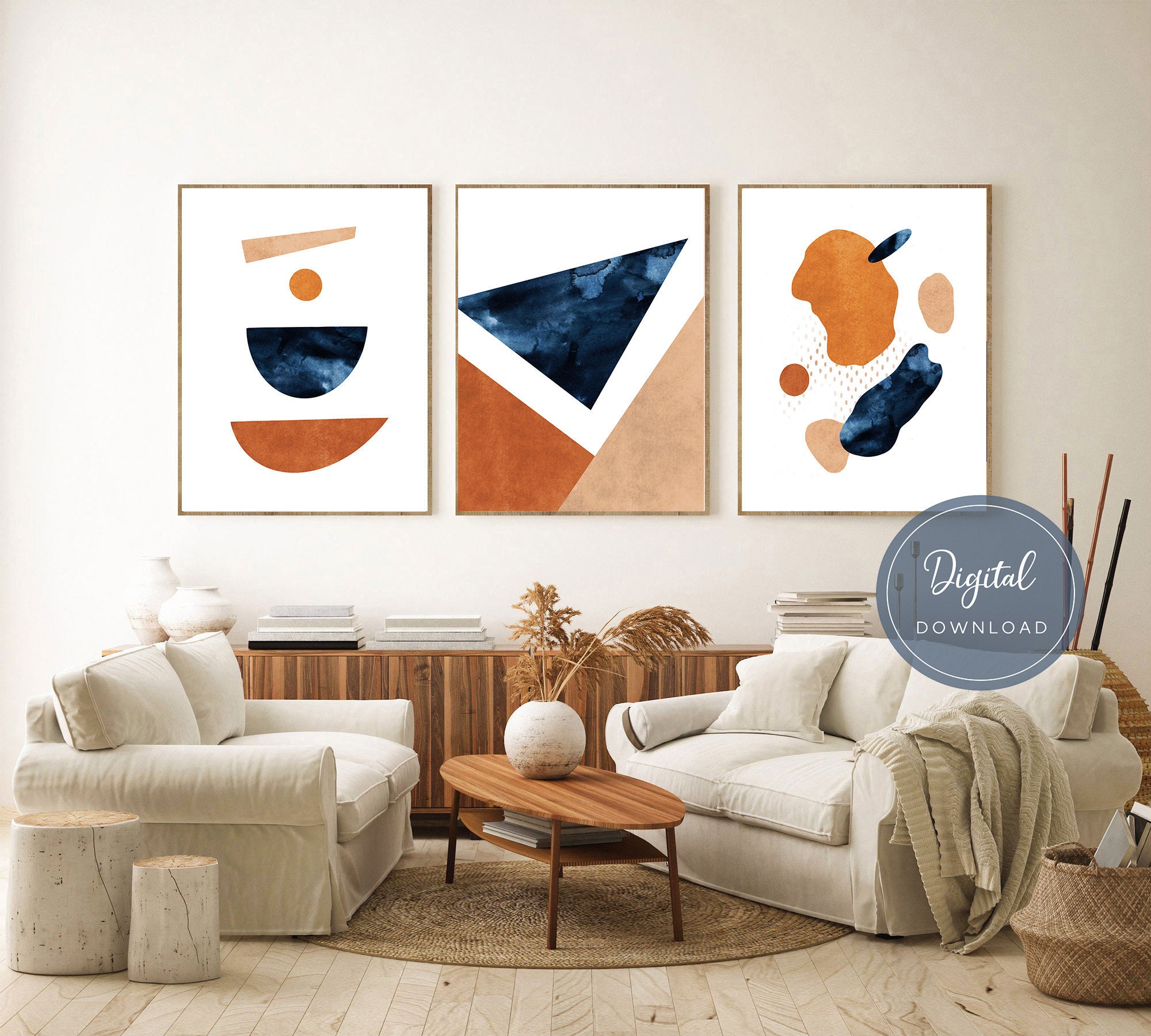 Blue Orange Wall Art Set Navy Burnt Orange Wall Art Set of 3 Etsy