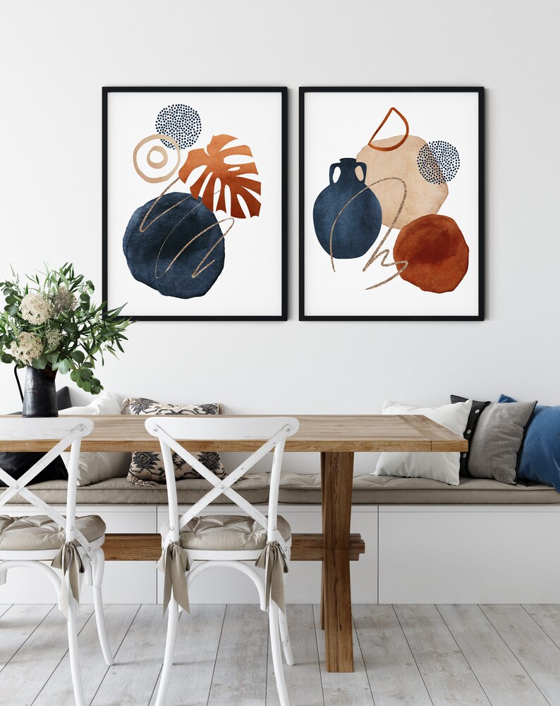 Blue Orange Wall Art Set of 2 Mid Century Wall Art Set of 2 Etsy
