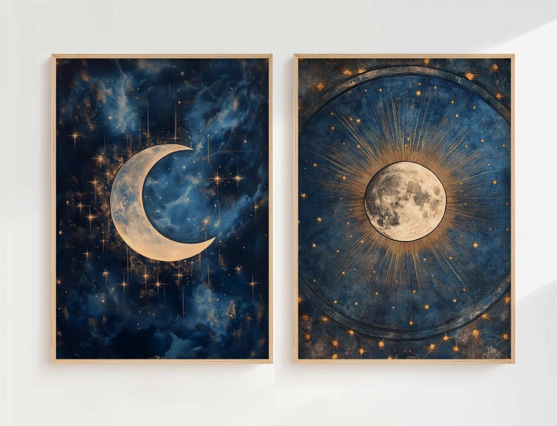 May include: Two framed prints with a celestial theme. The first print features a crescent moon with a gold outline against a dark blue background with gold stars. The second print features a full moon with a gold outline and rays of light emanating from it against a dark blue background with gold stars.