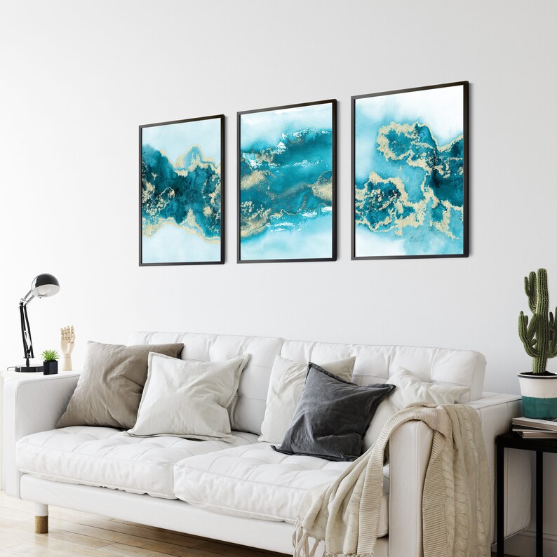 Teal Wall Art Set of 3 Turquoise Wall Art Aqua Blue Green Etsy