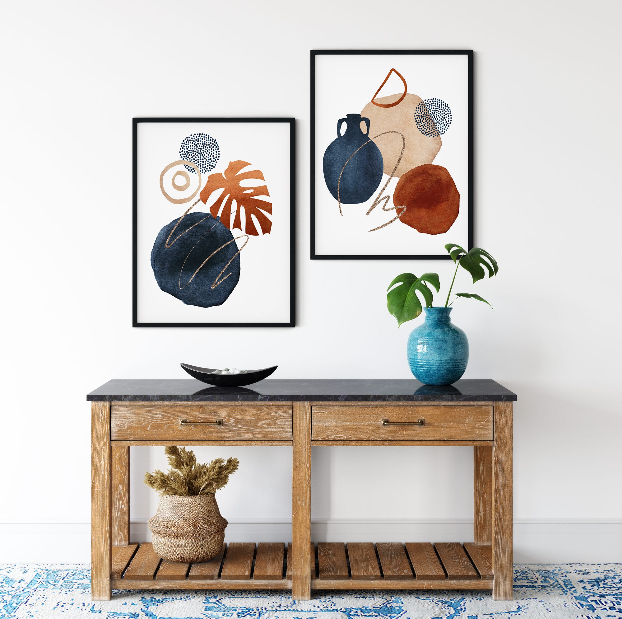 Blue Orange Wall Art Set of 2 Mid Century Wall Art Set of 2 Etsy