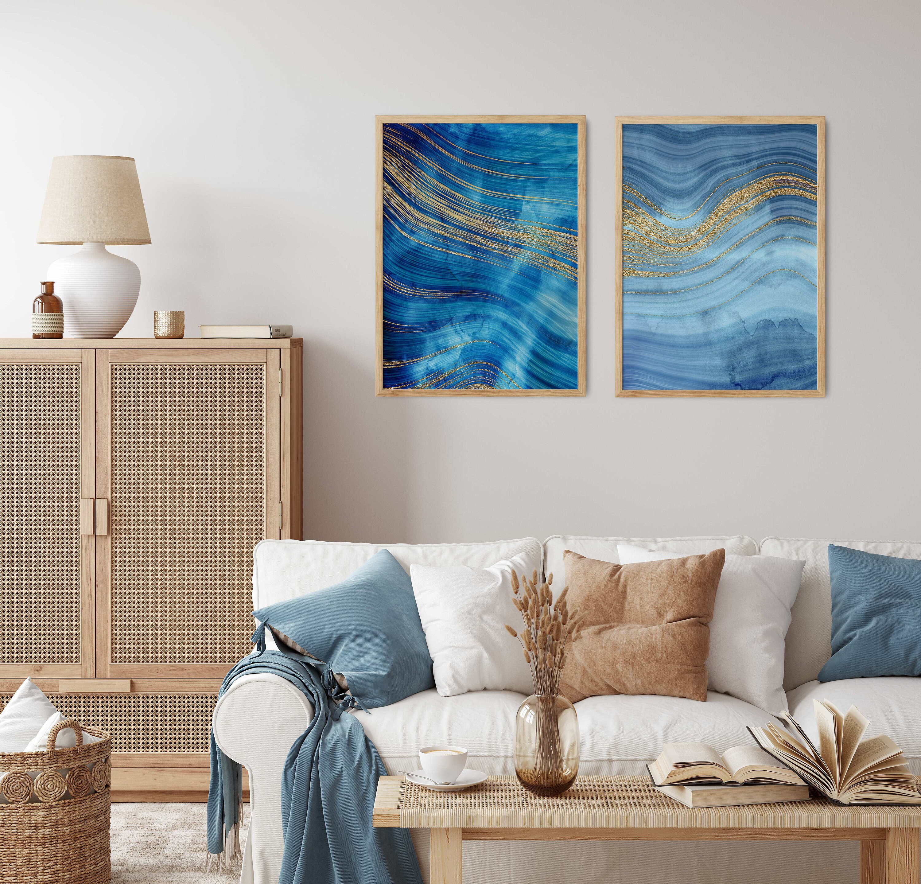 Abstract Blue Wall Art Set of 2 Ocean Wall Art Set Modern Etsy