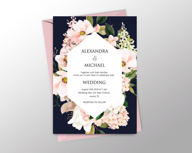 Modern Navy Blue Pink Invite Blush Floral Wedding Invitation Navy Blush Wedding Invitation Set Blue And Pink Wedding Invitation Printable Invitation Kits Paper Party Supplies Vadel Com