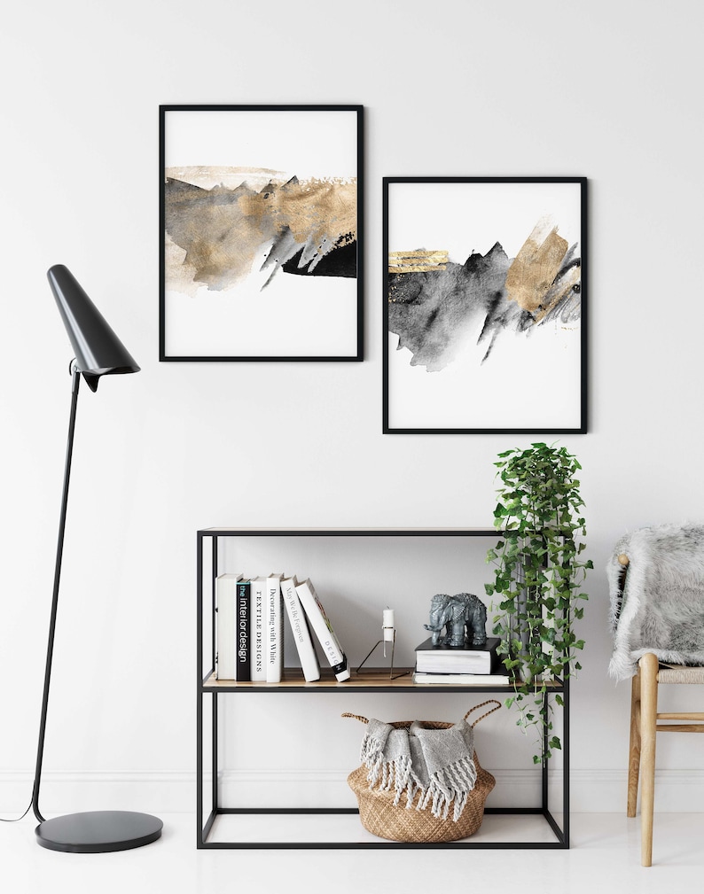 Black and Gold Wall Art Set of 2 Modern Abstract Wall Art Etsy