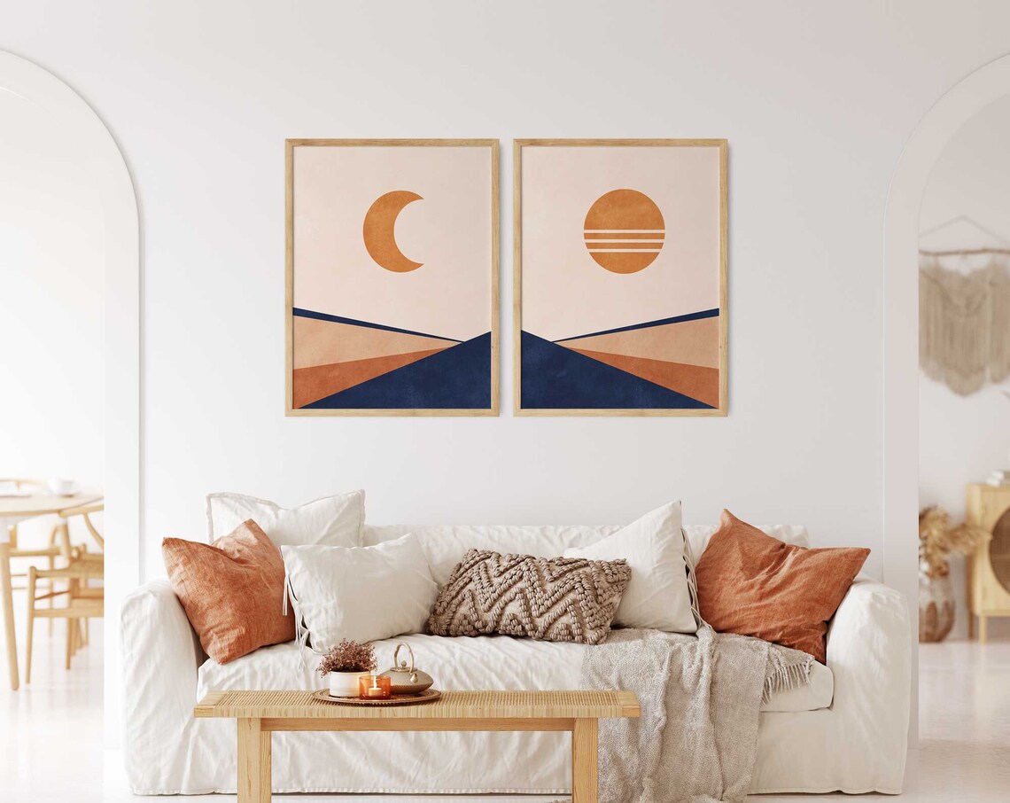 Blue Orange Wall Art Set of 2 Mid Century Wall Art Set of 2 Etsy