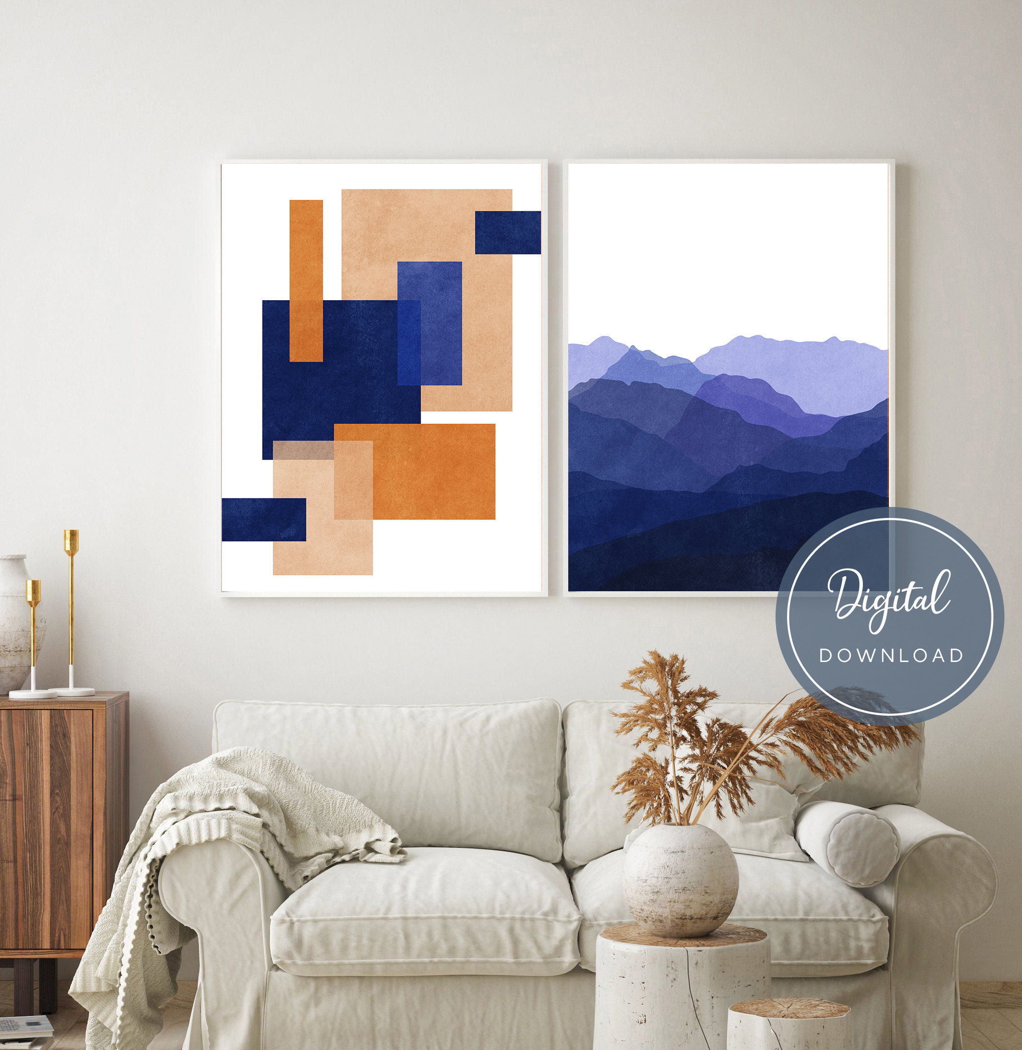 Blue Orange Wall Art Set Navy Burnt Orange Wall Art Set of 2 Etsy