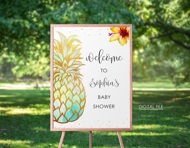 Pineapple Baby Shower Welcome Sign Printable Pineapple Theme Tropical Baby Shower Welcome Sign Hawaiian Pineapple Baby Shower Decor