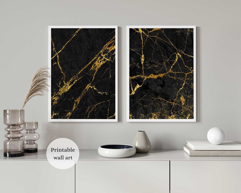 Black and Gold Wall Art Set of 2 Modern Abstract Wall Art Etsy