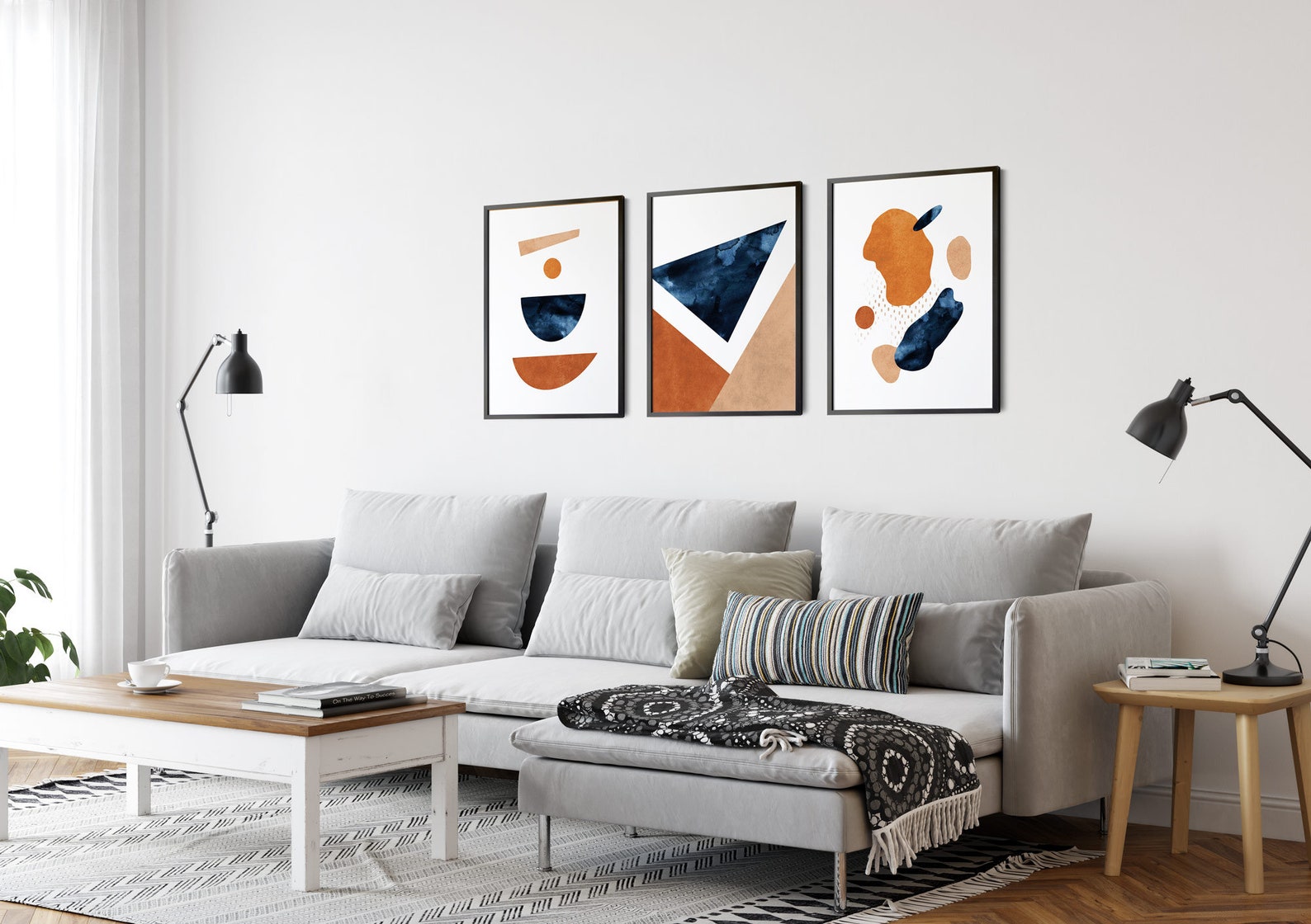 Blue Orange Wall Art Set Navy Burnt Orange Wall Art Set of 3 Etsy