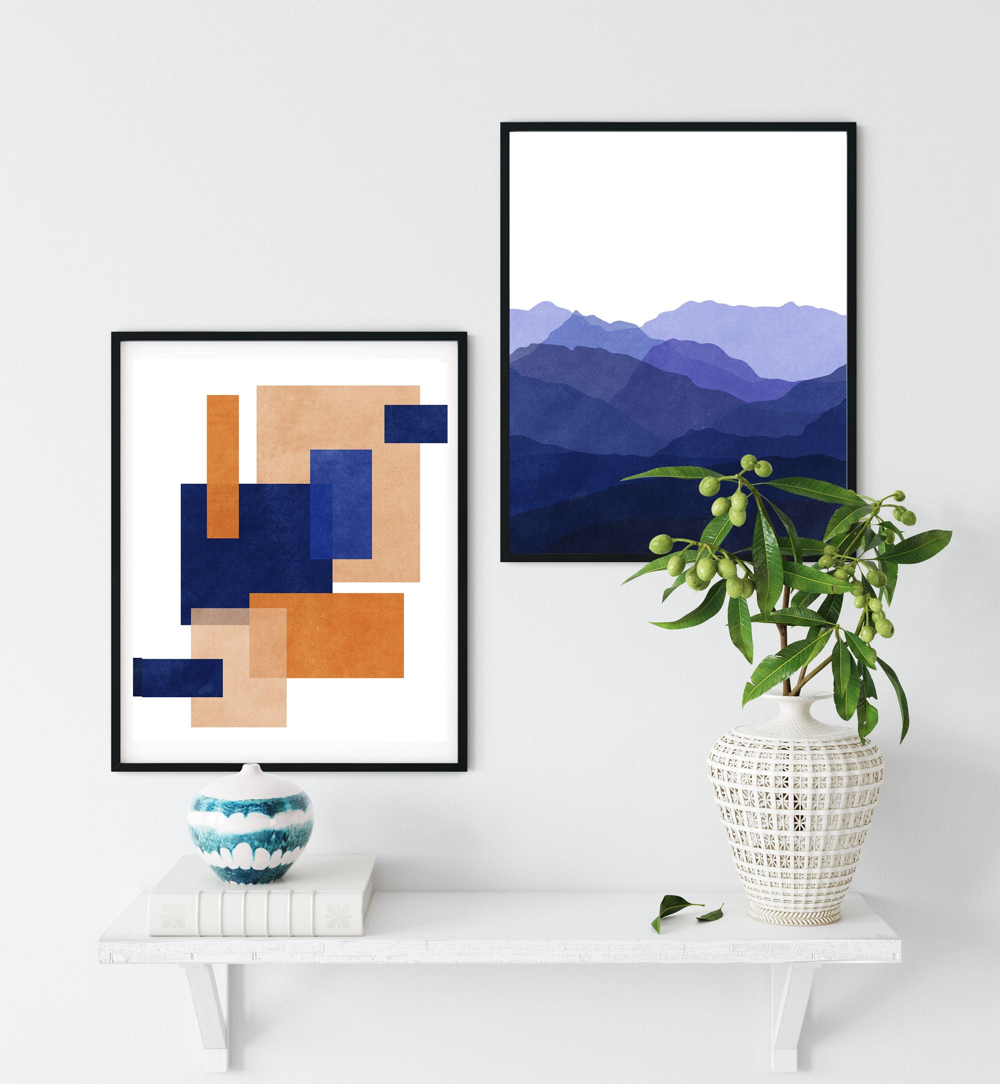 Blue Orange Wall Art Set Navy Burnt Orange Wall Art Set of 2 Etsy