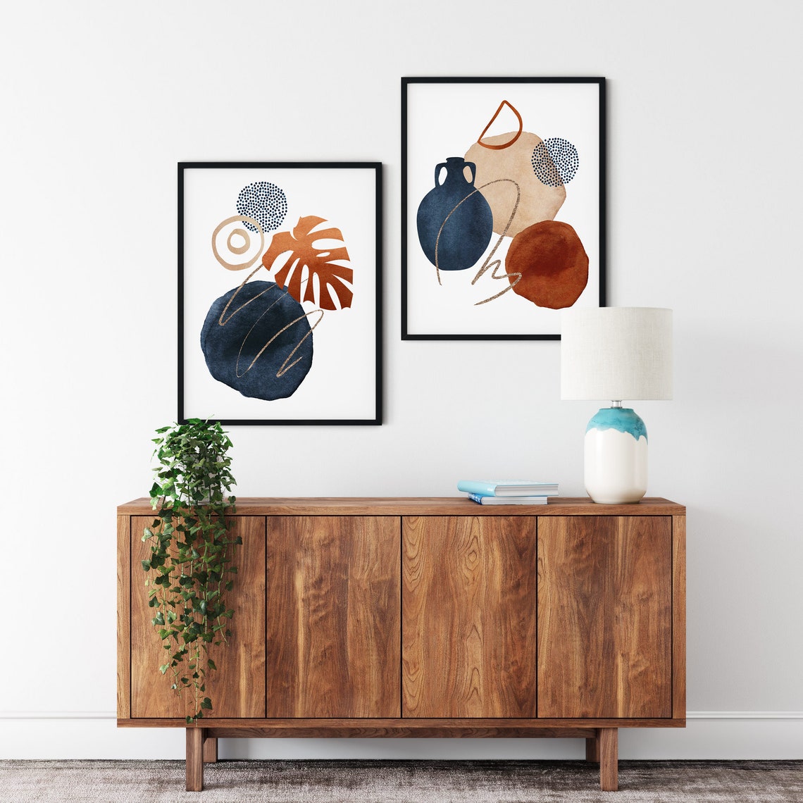 Blue Orange Wall Art Set of 2 Mid Century Wall Art Set of 2 Etsy