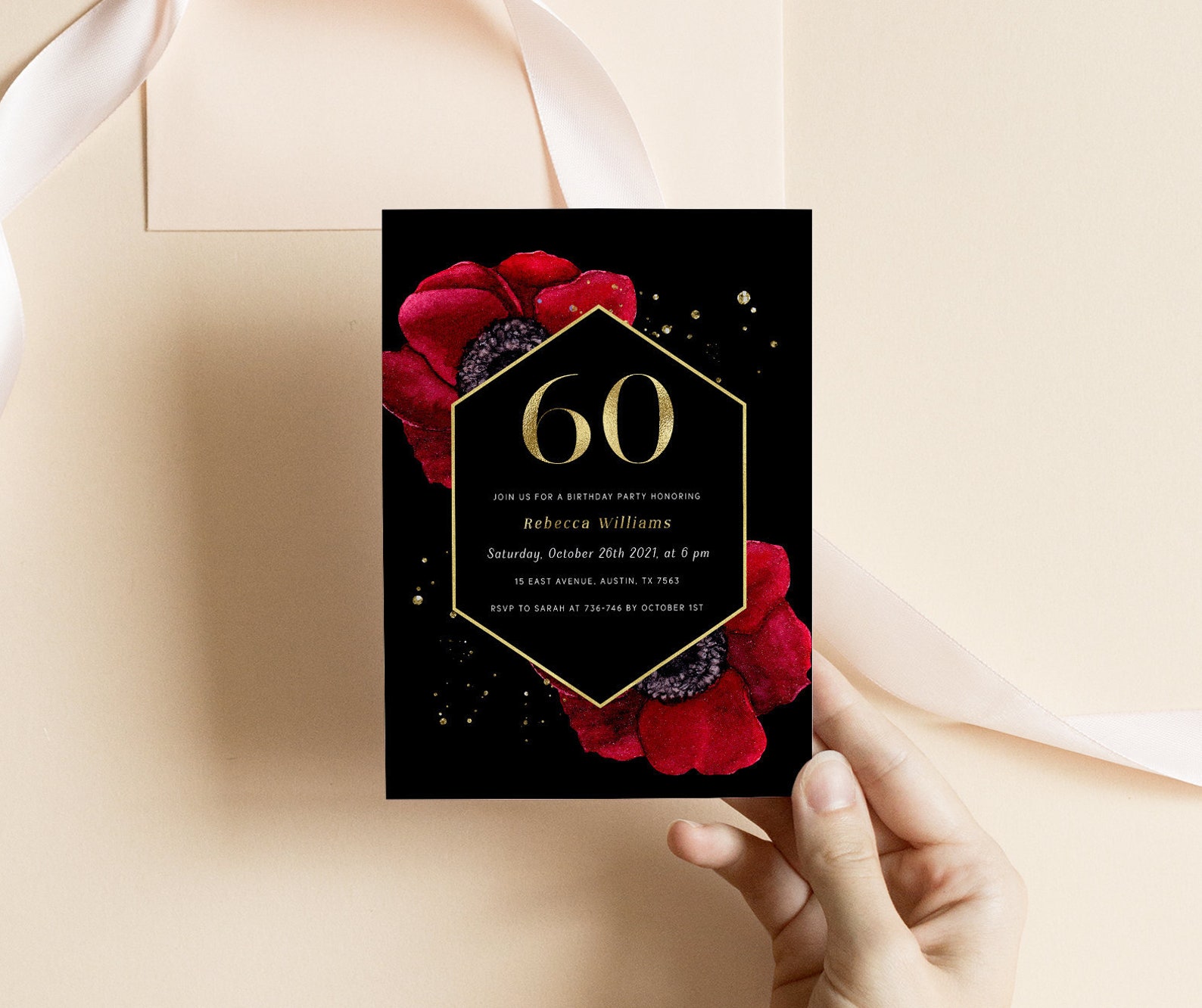 60th Birthday Invitation for Women Printable Black and Red | Etsy