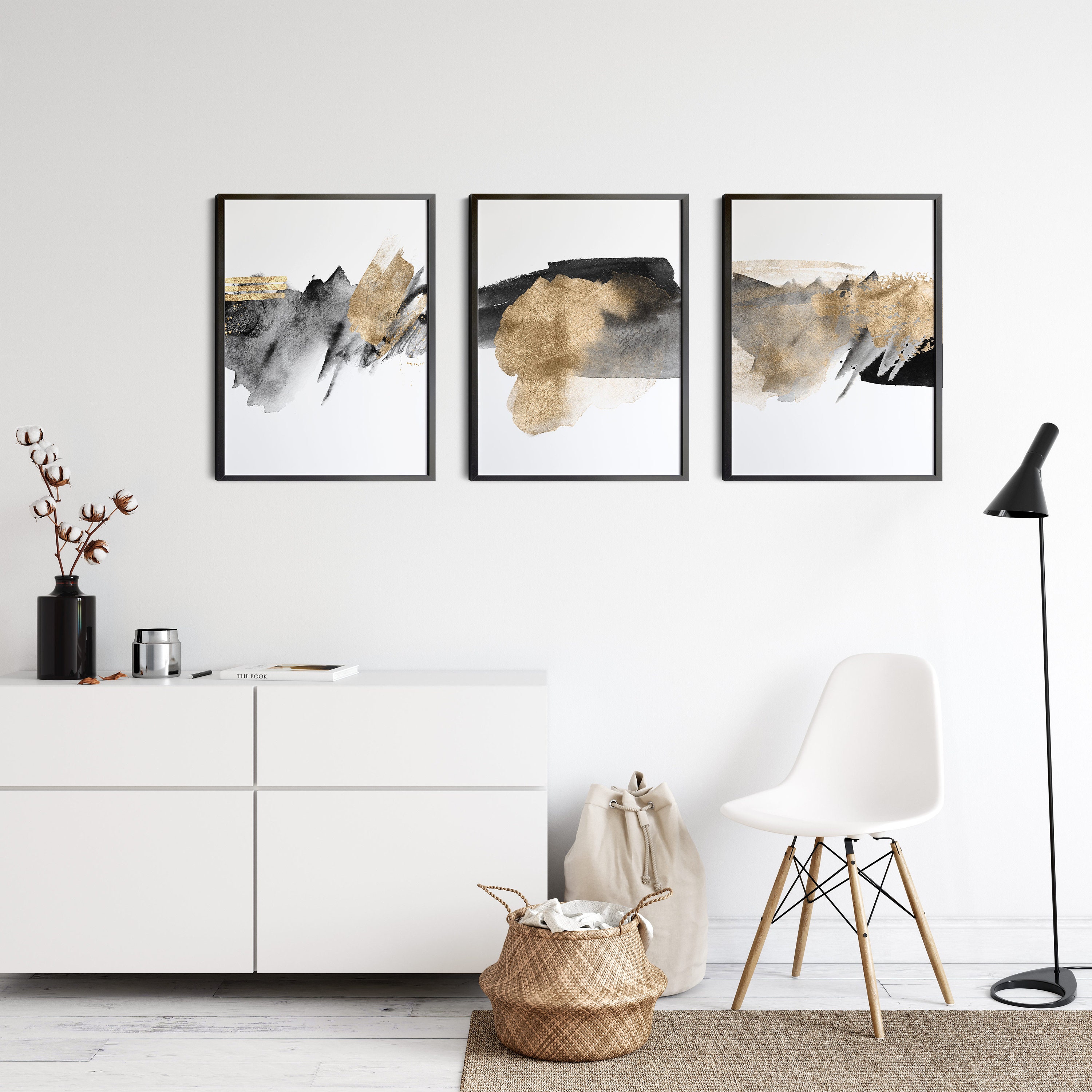 Black and Gold Wall Art Set of 3, Modern Abstract Wall Art Set ...