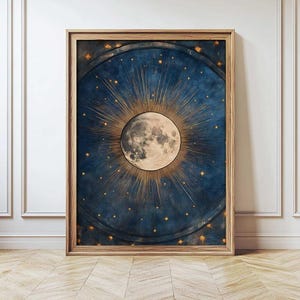 May include: A framed print of a full moon with a golden halo and a starry night sky background.