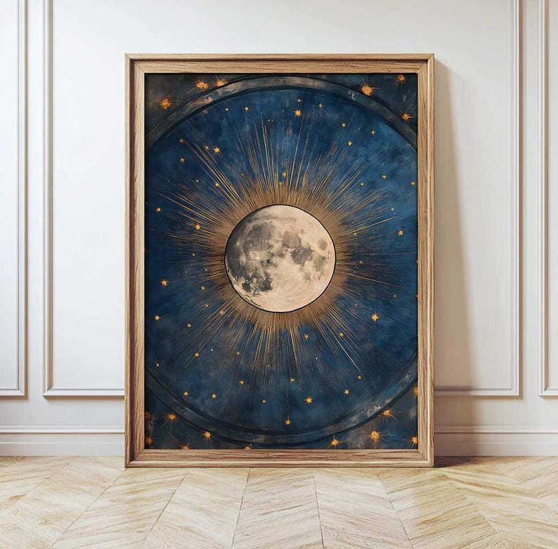 May include: A framed print of a full moon with a golden halo and a starry night sky background.