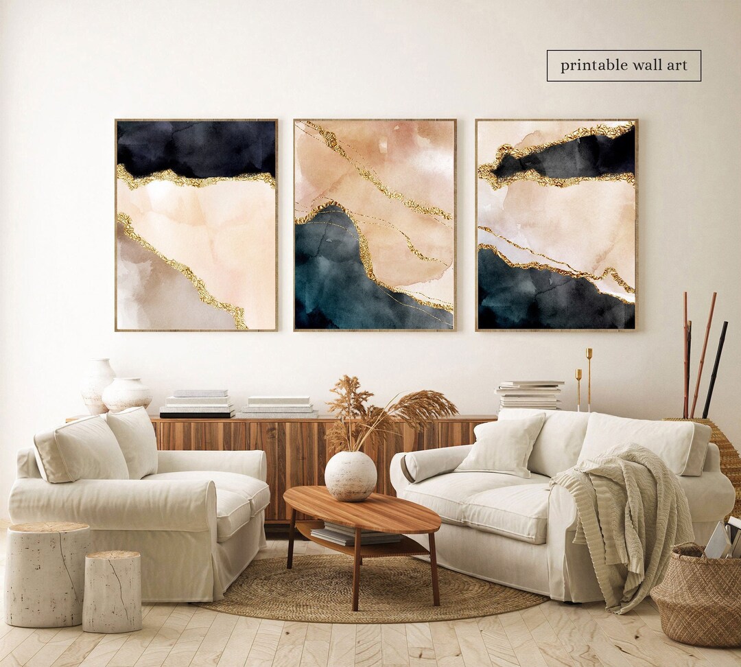 Black and Gold Wall Art Set of 3, Black and Gold Prints, Black Gold Wall Art Bedroom, Abstract ...