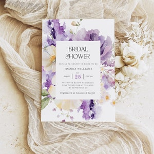 Purple Bridal Shower Invitation Template, Spring Floral Bridal Shower Invitations Digital, Violet Lilac Bridal Shower Invitation Download image 2