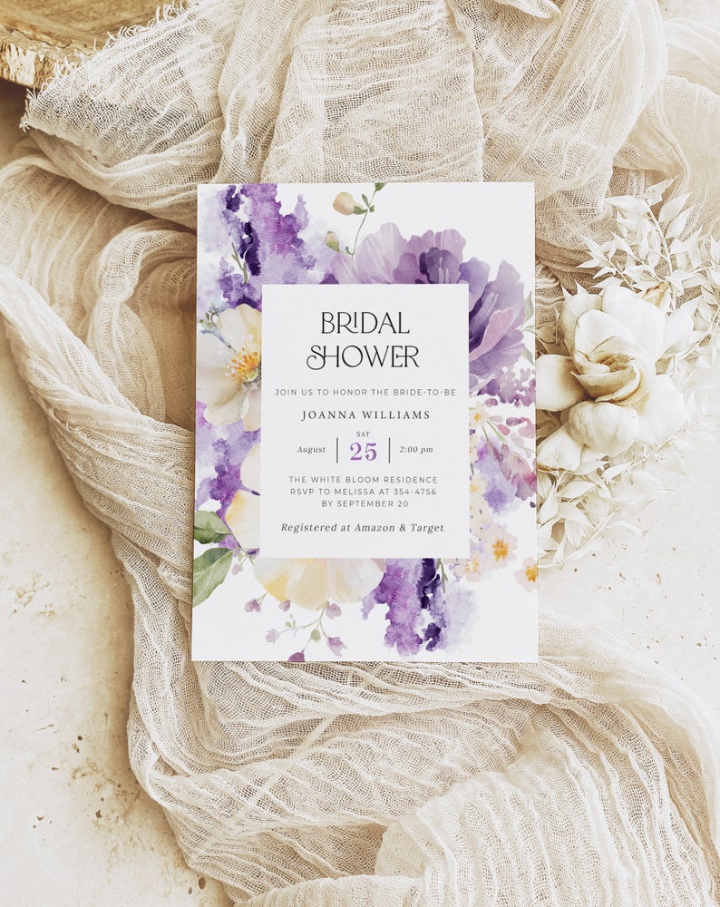 Purple Bridal Shower Invitation Template, Spring Floral Bridal Shower Invitations Digital, Violet Lilac Bridal Shower Invitation Download image 2