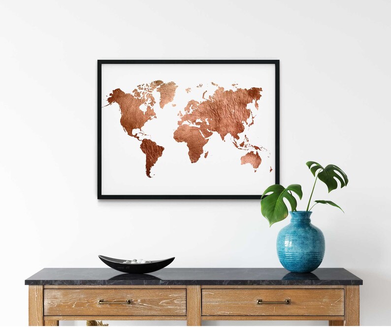 World Map Wall Art Rose Gold Print World Map Poster Rose Etsy