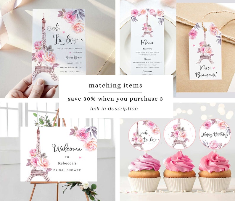 May include: A set of printable bridal shower party decorations featuring a pink and white Eiffel Tower design with floral accents. The set includes a welcome sign, invitations, cupcake toppers, and a menu card. The text on the invitations reads "Oh La La" and the text on the welcome sign reads "Welcome to Rebecca's Bridal Shower".