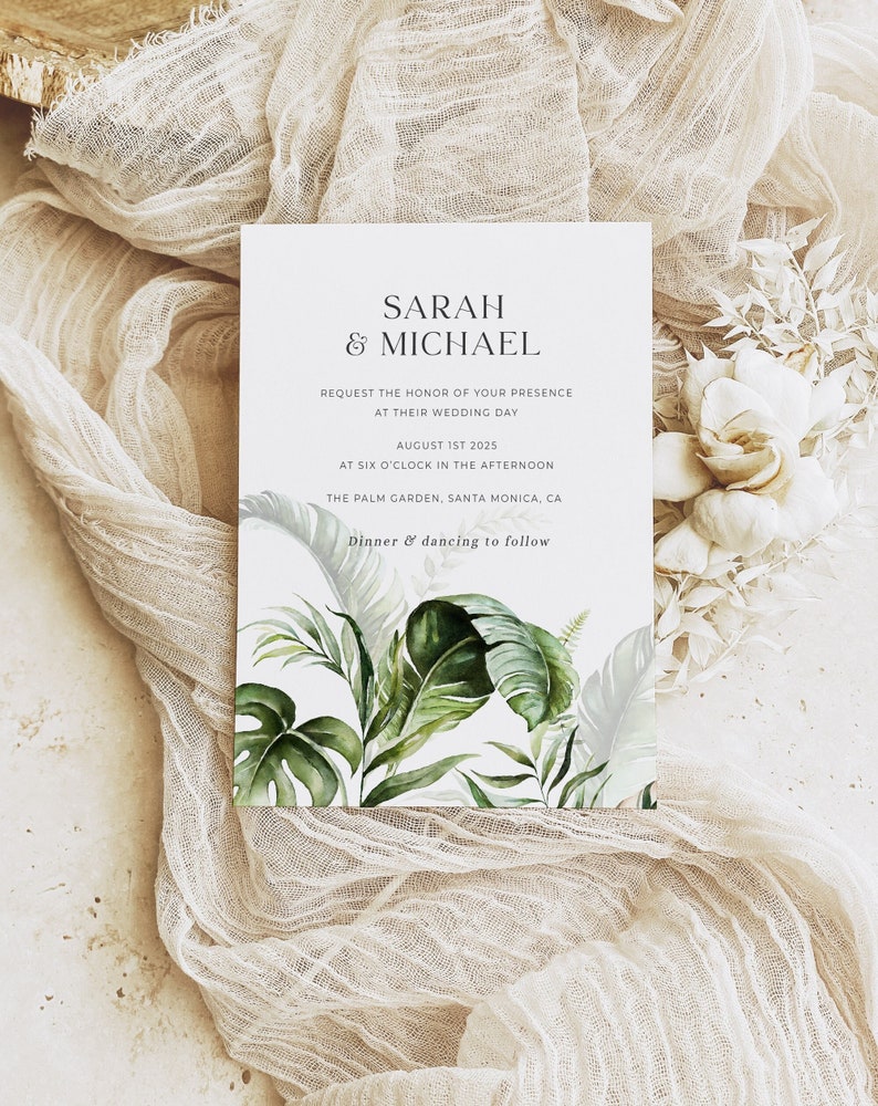 Tropical Wedding Invitation Template, Greenery Wedding Invitation Suite, Editable Palm Wedding Invitation Download, Beach Wedding image 1