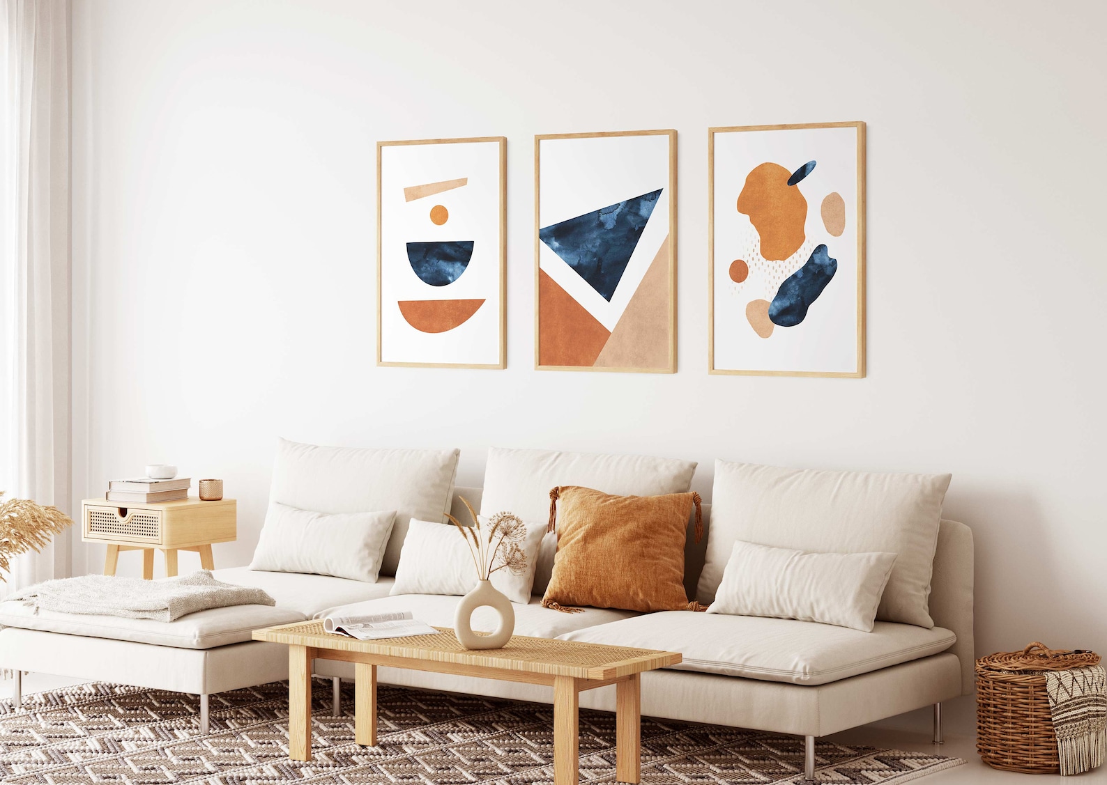 Blue Orange Wall Art Set Navy Burnt Orange Wall Art Set of 3 Etsy