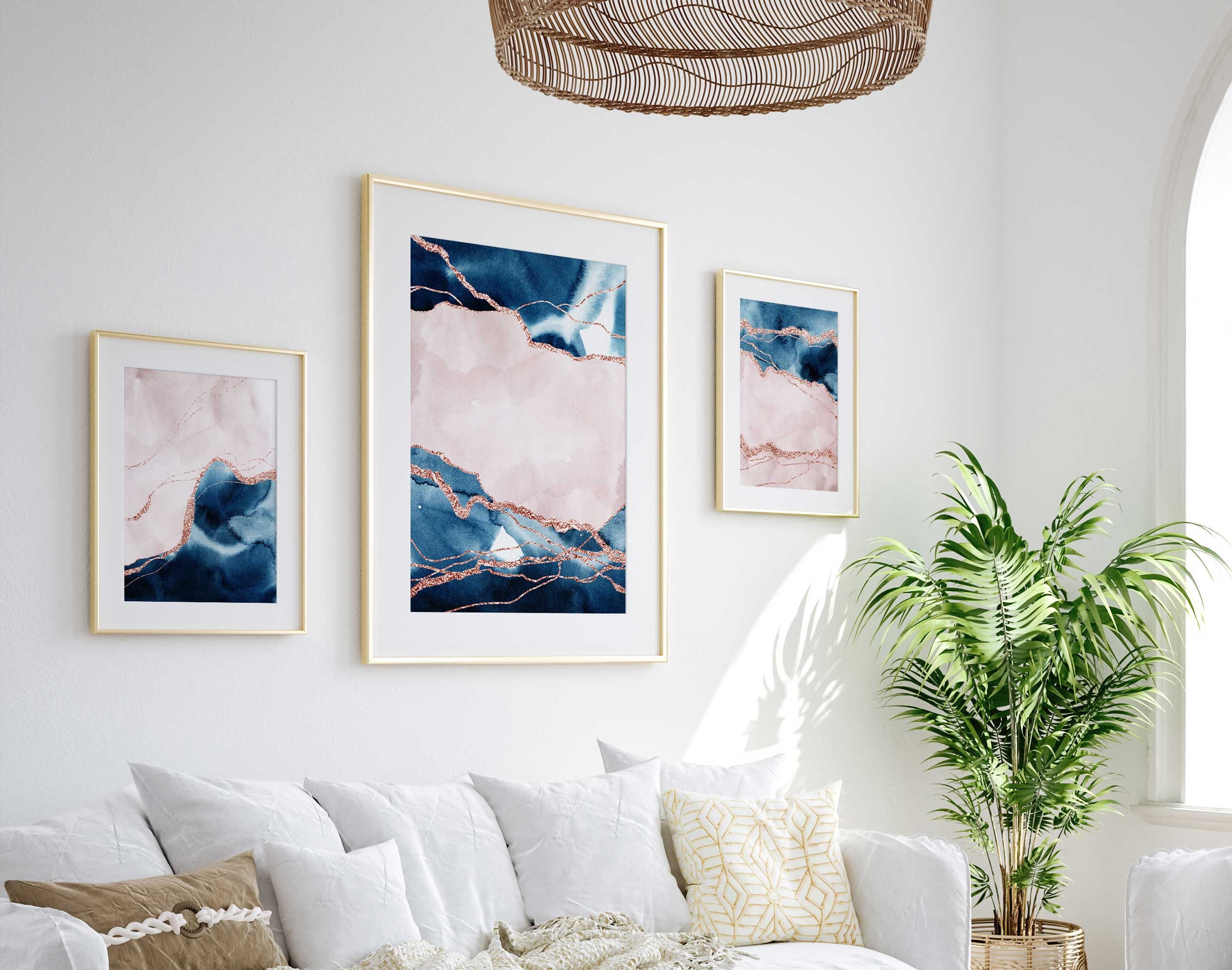 Navy Pink Wall Art Set of 3 Blue Blush Pink Wall Art Modern | Etsy UK